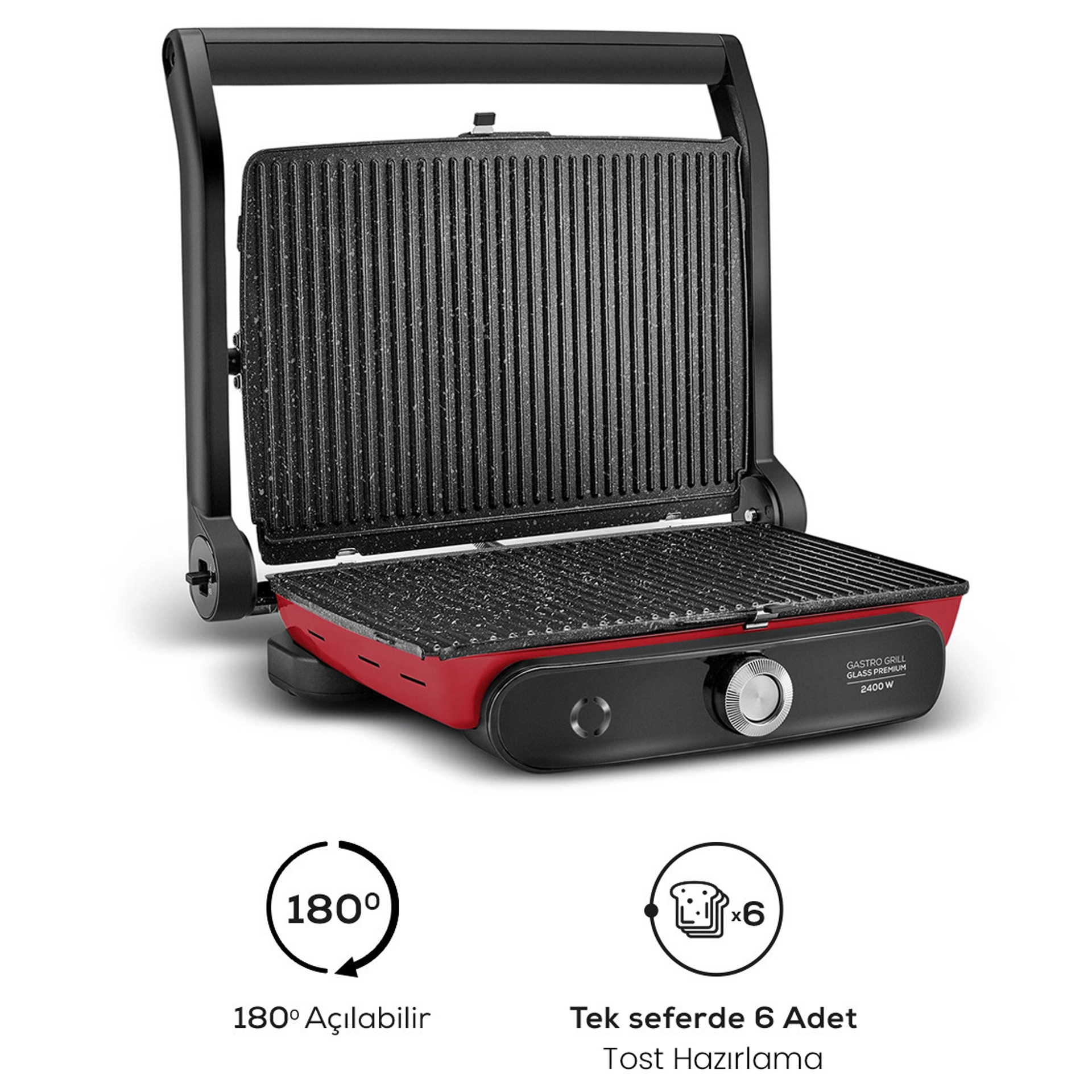 Karaca Gastro Grill Glass Premium 2400W Tost ve Izgara Makinesi Kırmızı