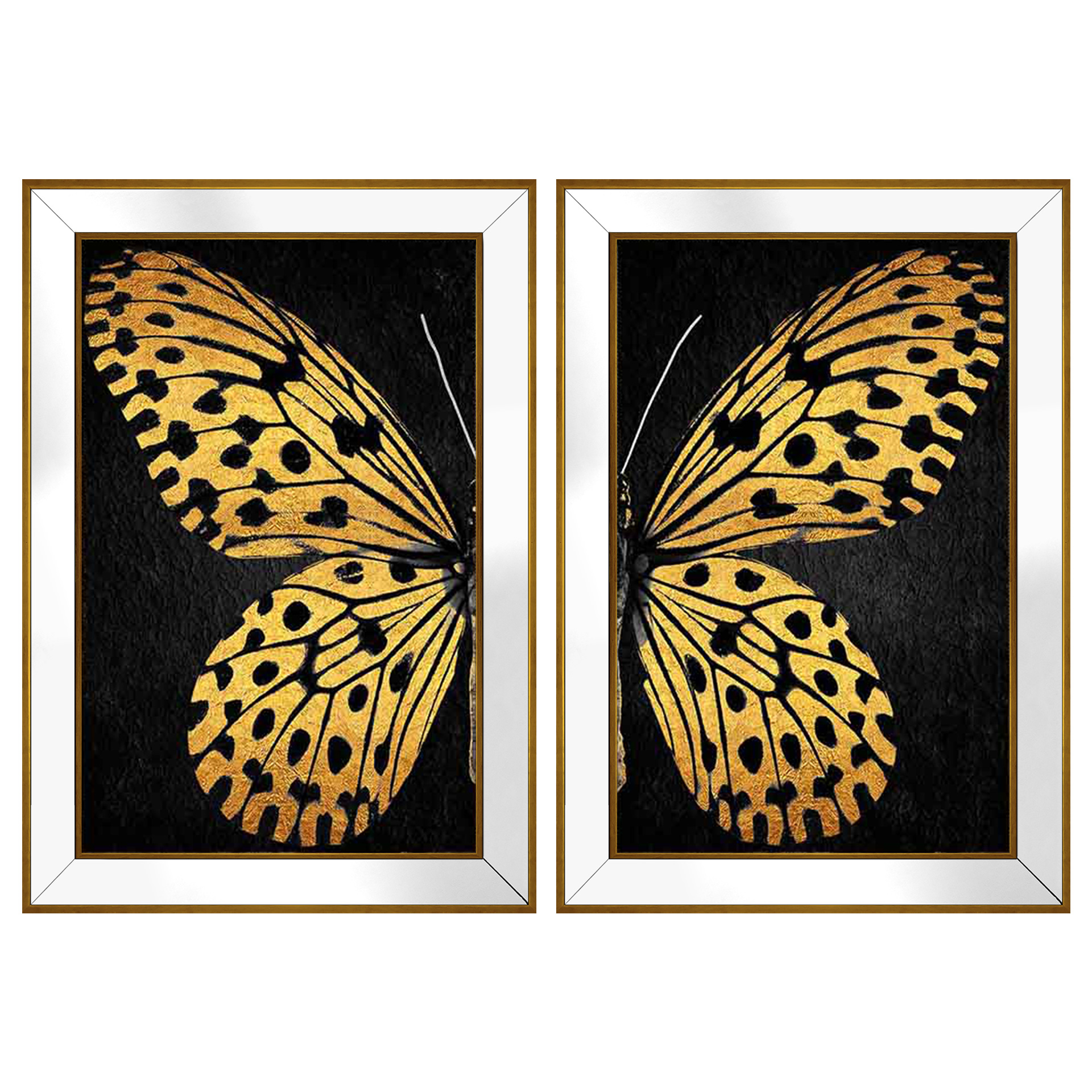 70x100 cm Ayna Çerçeveli 2'li Takım Gold-Kelebek Tablo