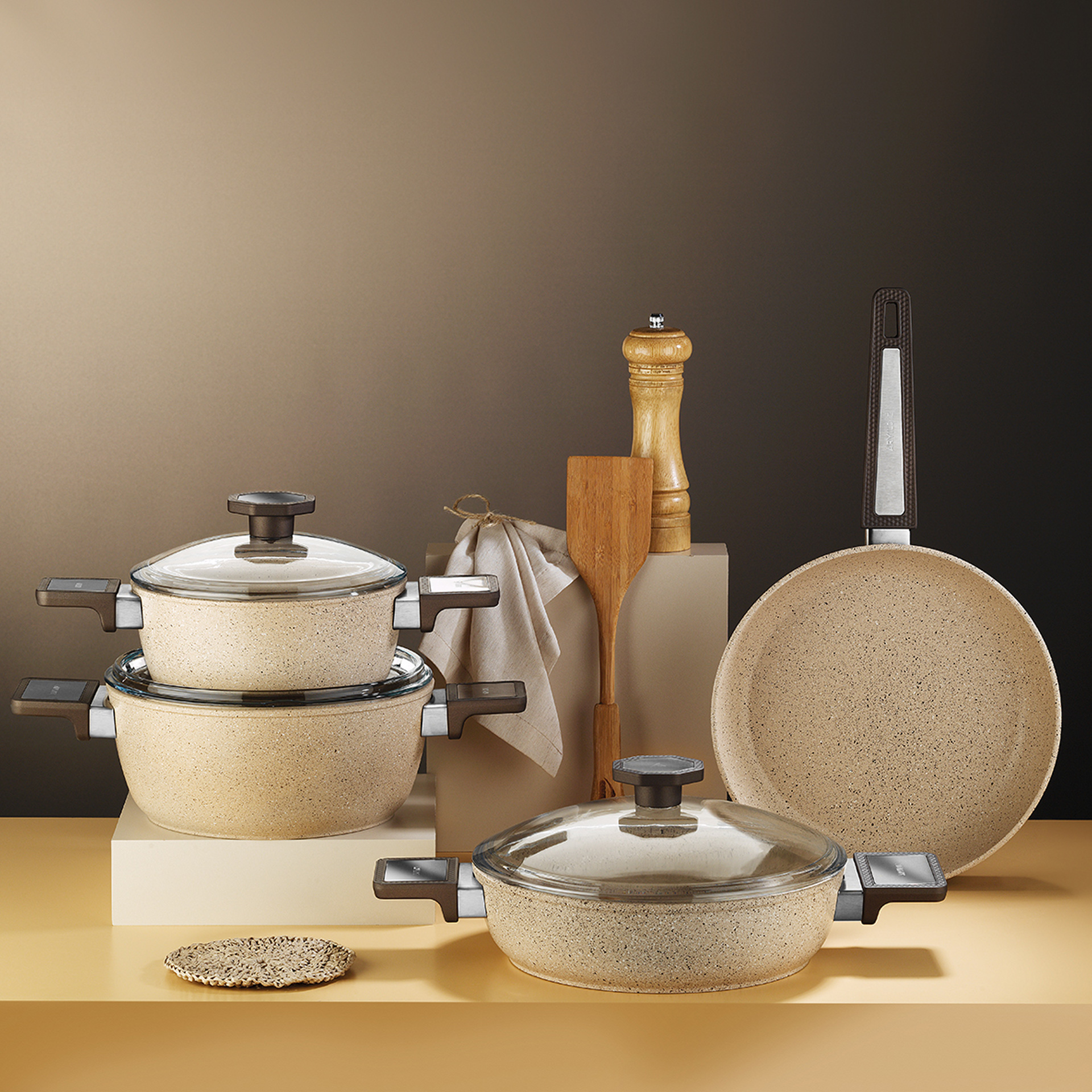 Aryıldız Vortex Cappuccino 7 Parça Granit Set | Evkur