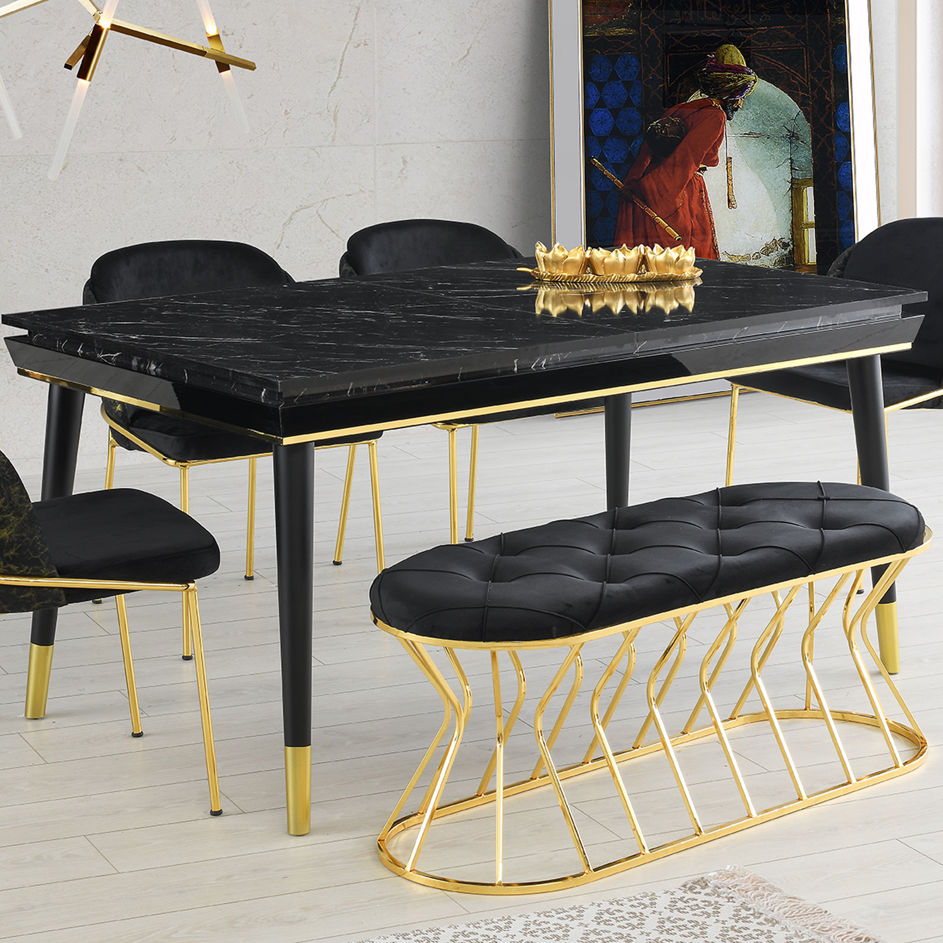 Mutfak Masası 90x155 cm Siyah Mermer-Gold
