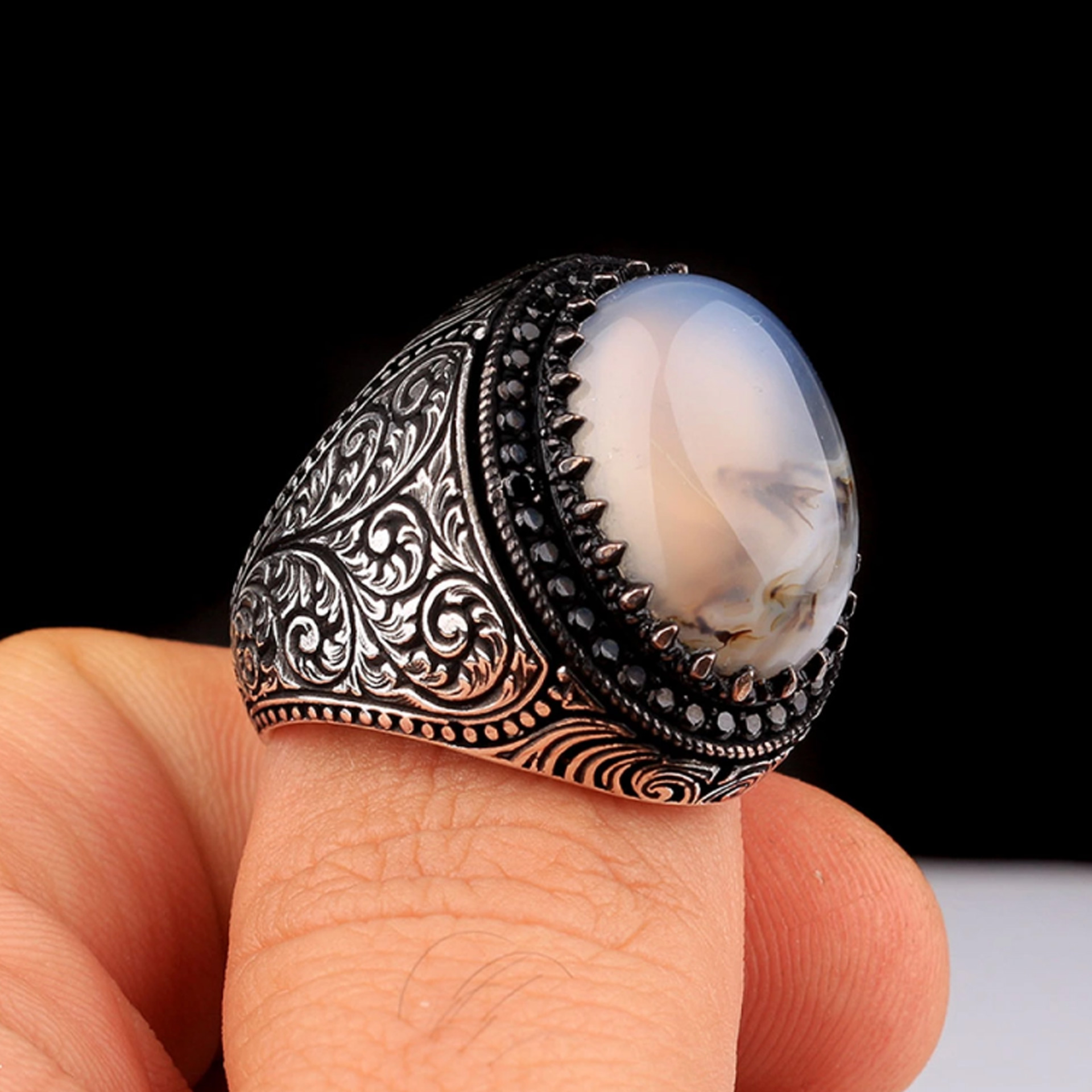 İpek Silver 925 Ayar Gümüş Yemen Akik Taşlı Kalem Motifli Yüzük EIAEY145