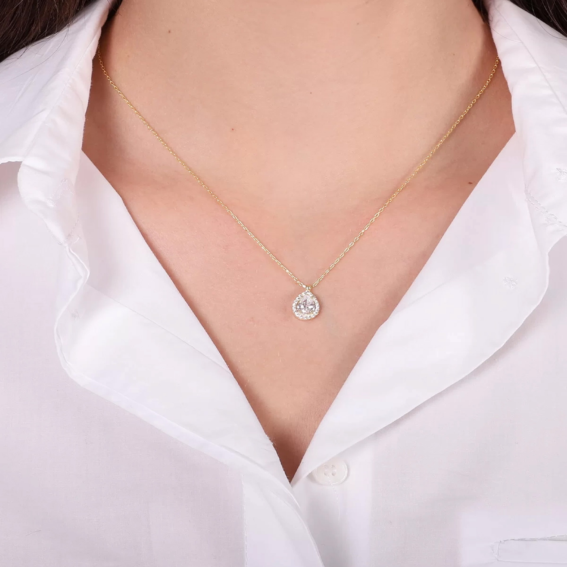 İpek Silver 925 Ayar Zirkon Taşlı Damla Model Altın Kaplama Kolye ESH724