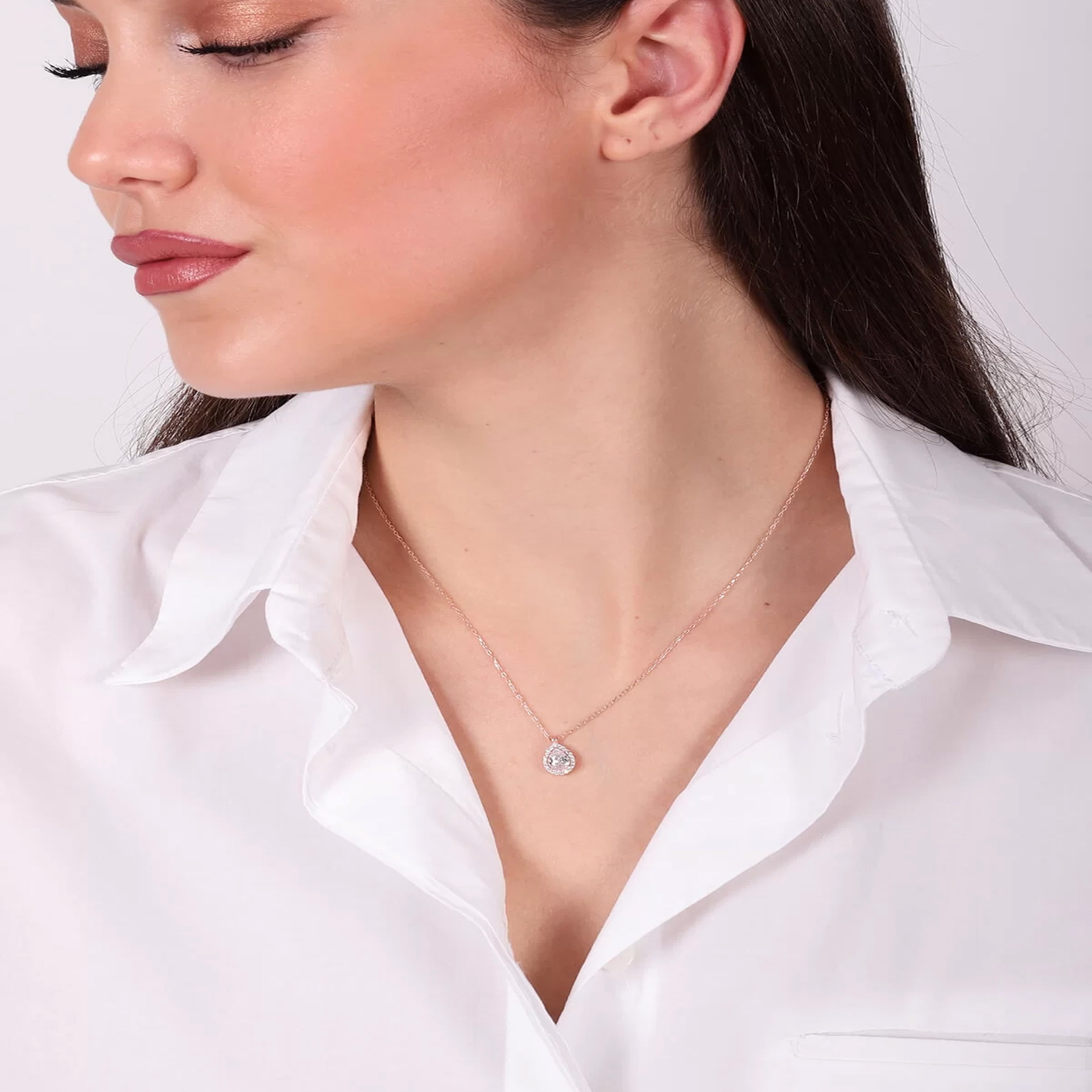 İpek Silver 925 Ayar Zirkon Taşlı Damla Model Kolye - Rose ESH726