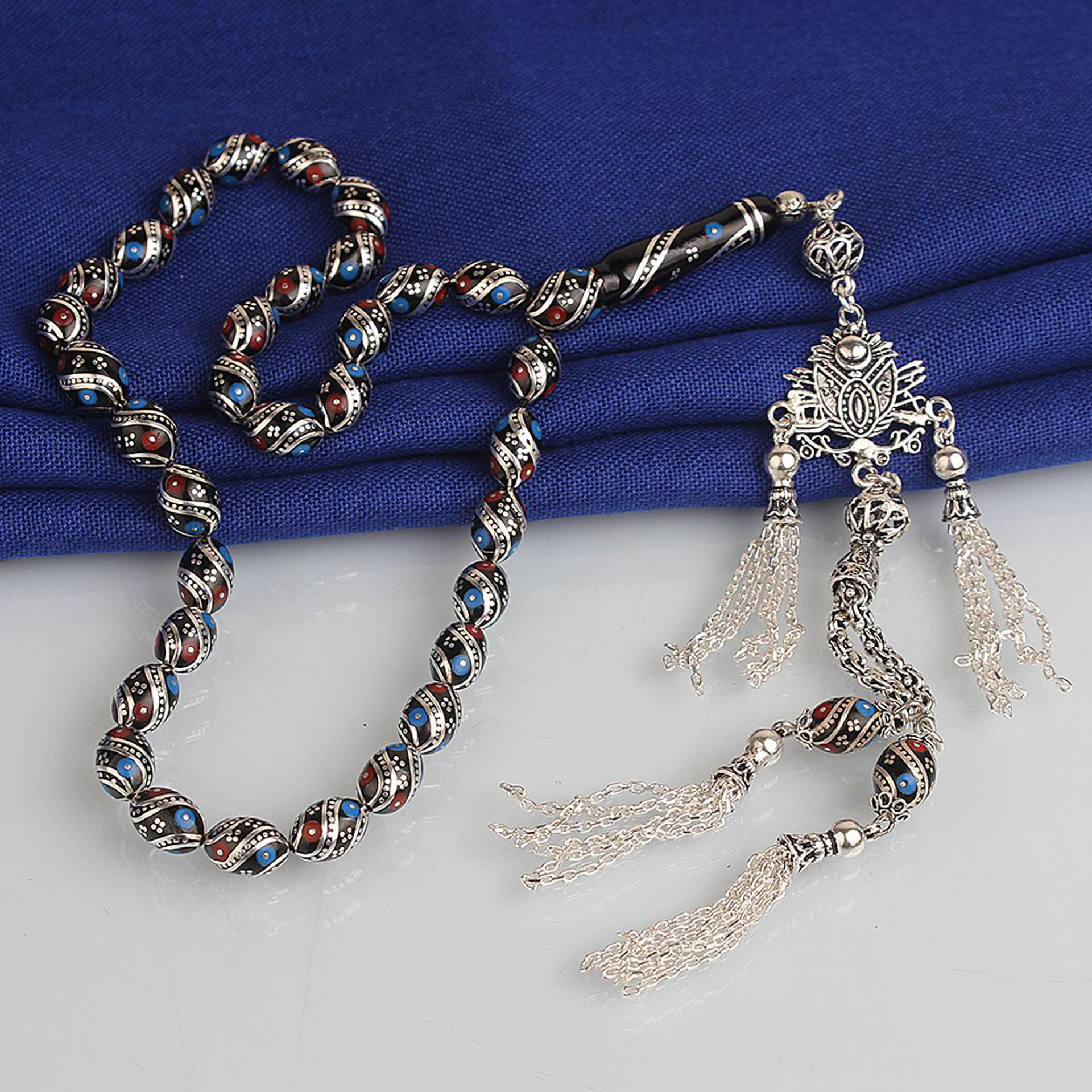 İpek Silver Gümüş Osmanlı Arma Püsküllü Gümüş Mine İşlemeli Erzurum Oltu Taşı Tesbih ETS745619