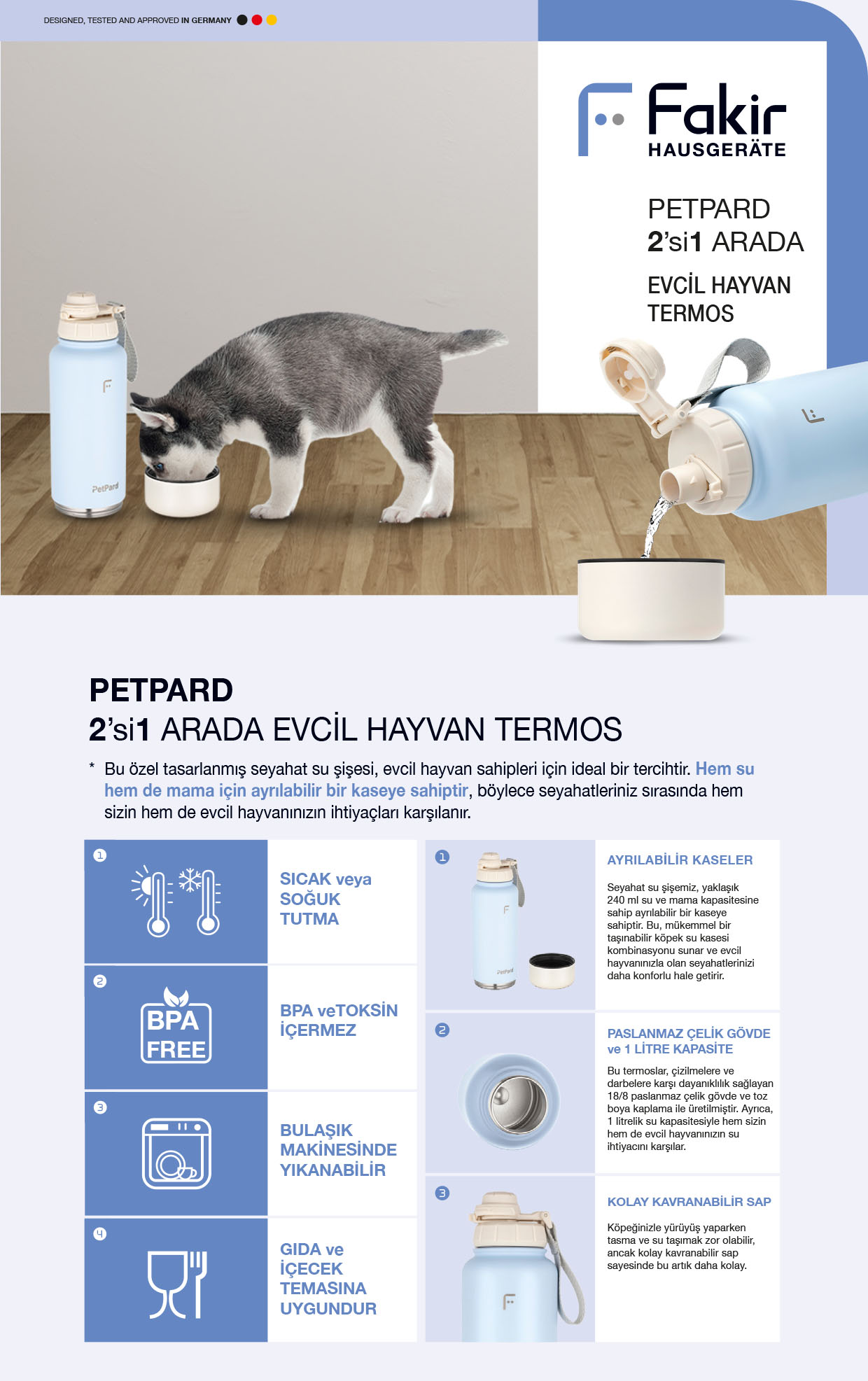PetPard 2'si 1 Arada Kedi Köpek Mama Kabı ve Termos