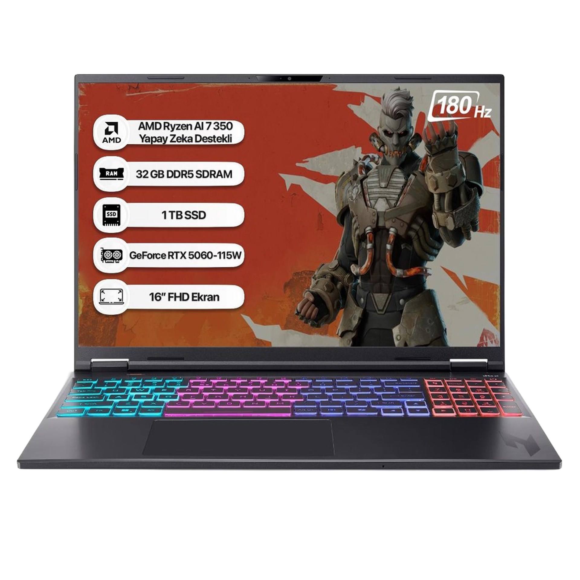 Acer Nitro 16S AN16S-61 NH.QXJEY.002 R7 AI 350 32 RAM 1TB SSD RTX5060-8GB Ekran Kartı 180 Hz16 FreeDos