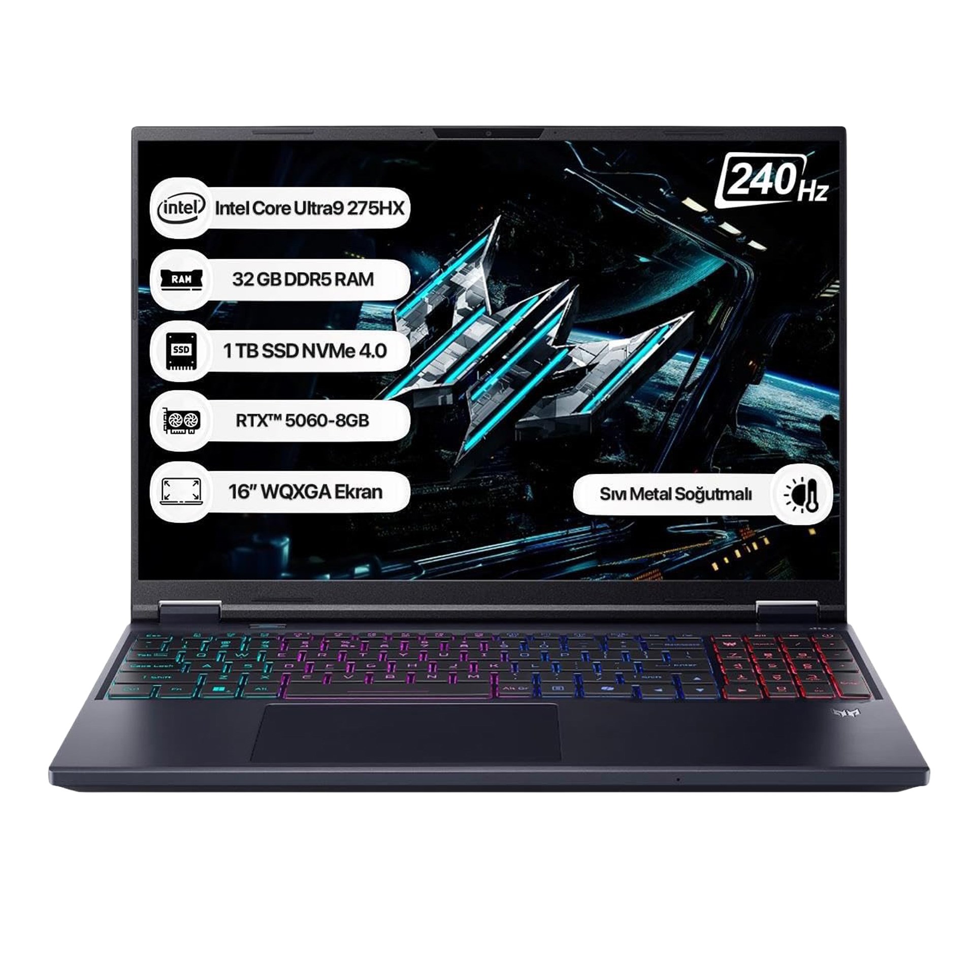 Acer Predator PHN16-73 NH.QVUEY.001 Core U9-275HX 32 GB RAM 1 TB SSD RTX5060-8GB Ekran Kartı 240 Hz 16 FreeDos