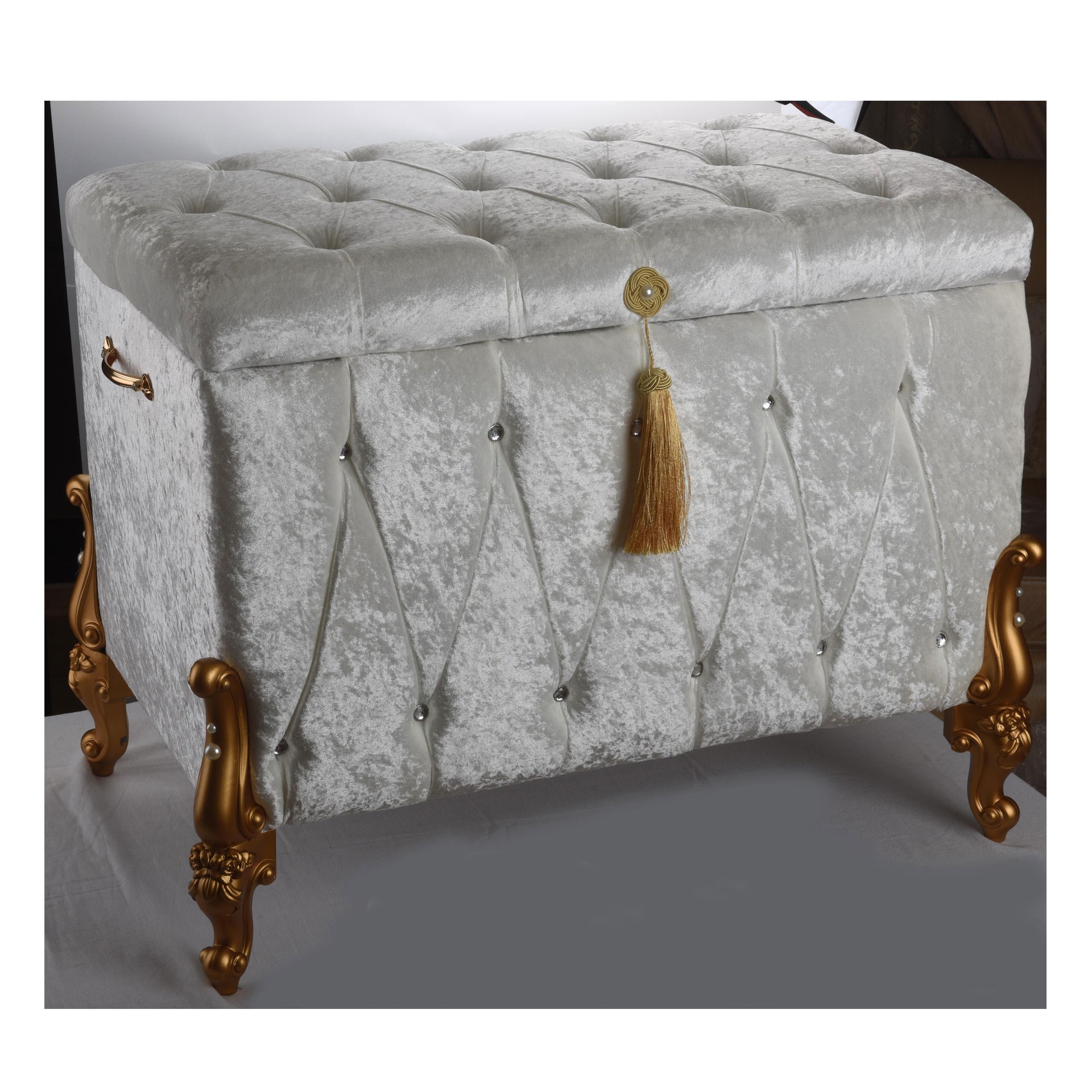 Sema Home Saraylı Gold Ayaklı Büyük Kadife Kaplamalı Çeyiz Sandığı