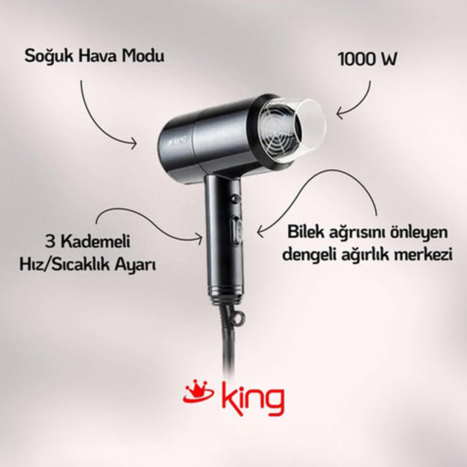 King KSK439 Bariton Seyahat Tipi Saç Kurutma Makinesi (Teşhir Ürünü)