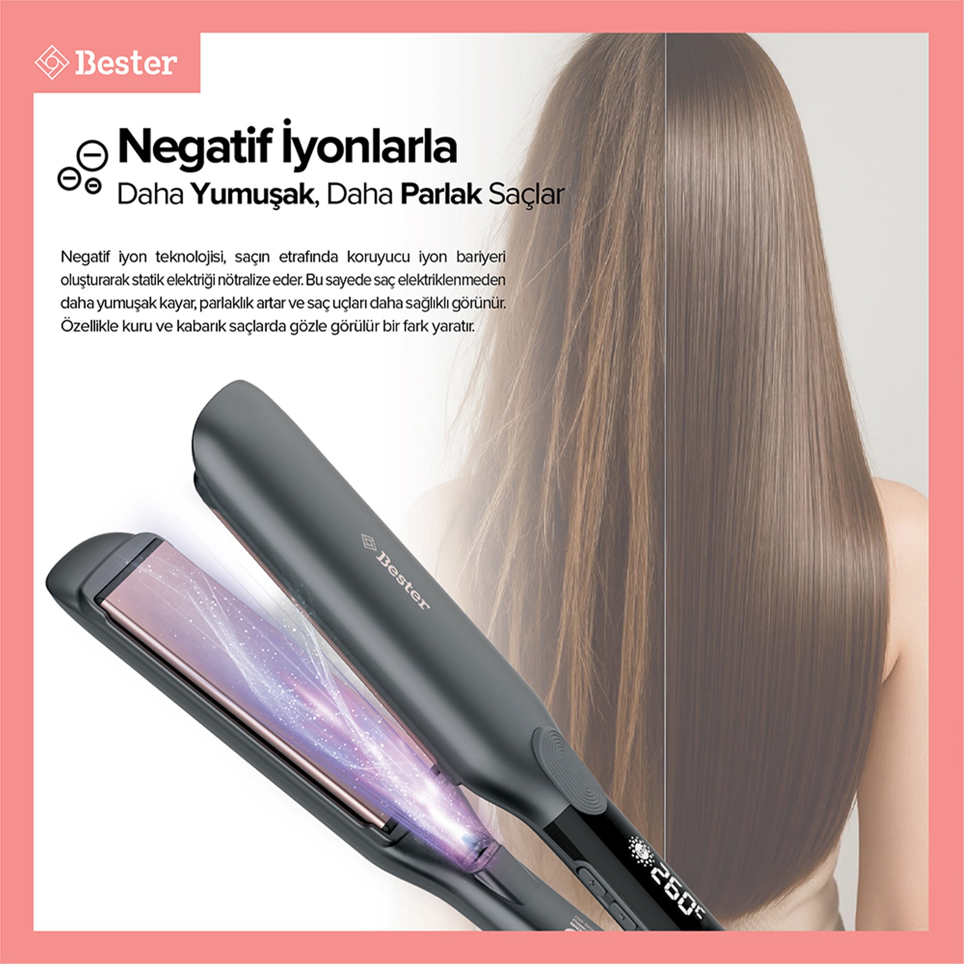 Bester S9100 Proluxe 260°C Keratin Protect Geniş Plakalı Saç Düzleştirici