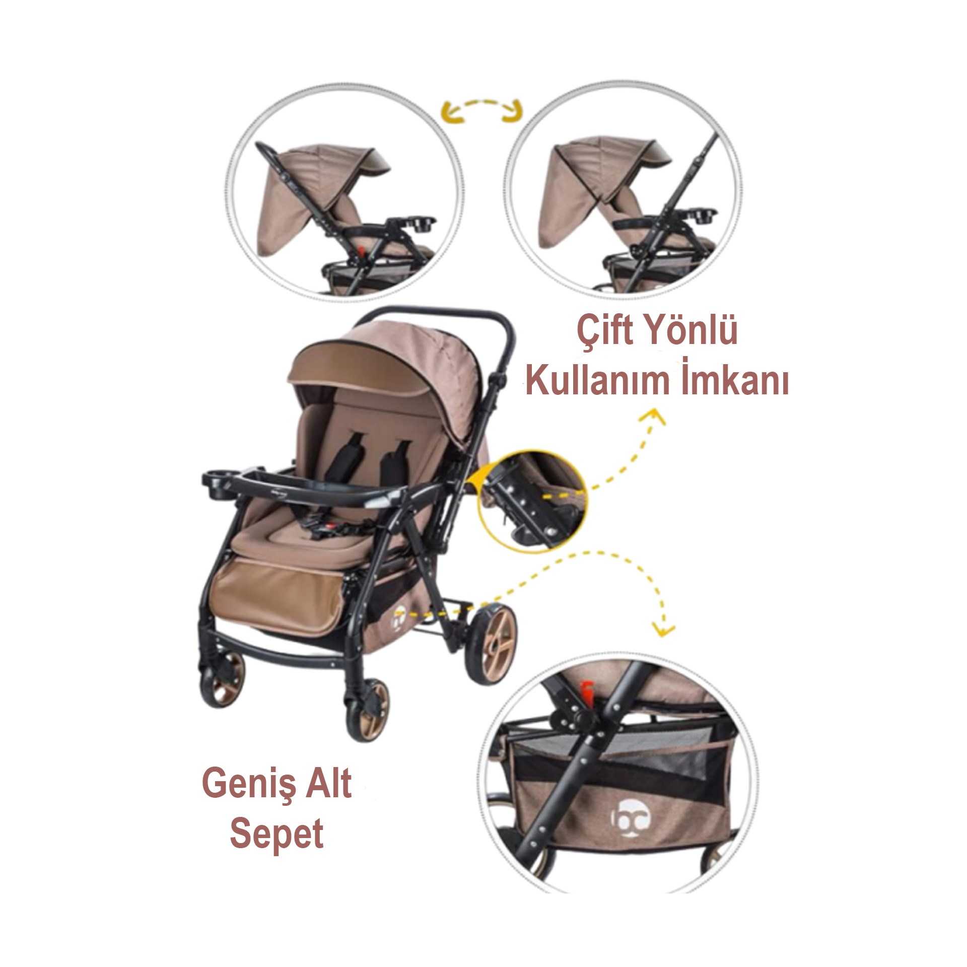 Baby Care Combo Maxi Çift Yönlü Puset Kahve