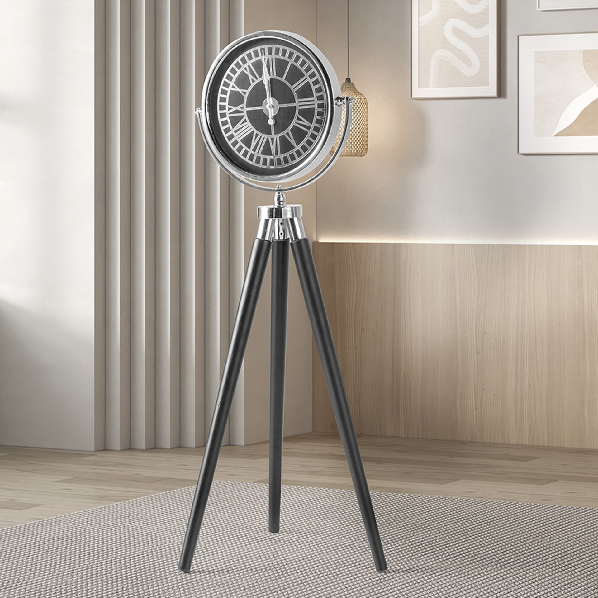 Tripod Ahşap Saat Gümüş-Siyah Siyah Ayak