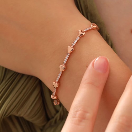 İpek Silver 925 Ayar Gümüş Kalpli Suyolu Bileklik Rose EBO652