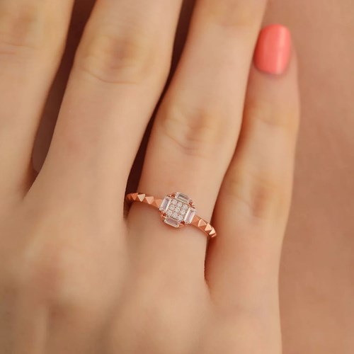 İpek Silver 925 Ayar Baget Zirkon Taş Süslemeli Ayarlanabilir GümüşYüzük Rose EIPY405