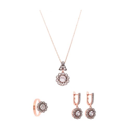 İpek Silver 925 Ayar Gümüş Rose Renk Elmas Montür Kadın Set Kolye EIS202