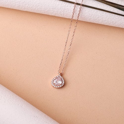 İpek Silver 925 Ayar Zirkon Taşlı Damla Model Kolye - Rose ESH726
