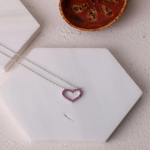 İpek Silver 925 Ayar Ametist Rengi Zirkon Taşı Süslemeli Kalpli Kolye - Silver ESH732 