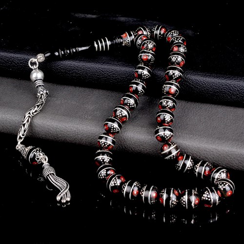 İpek Silver Erzurum Oltu Taşı Mercan İşlemeli Gümüş Püsküllü Tesbih