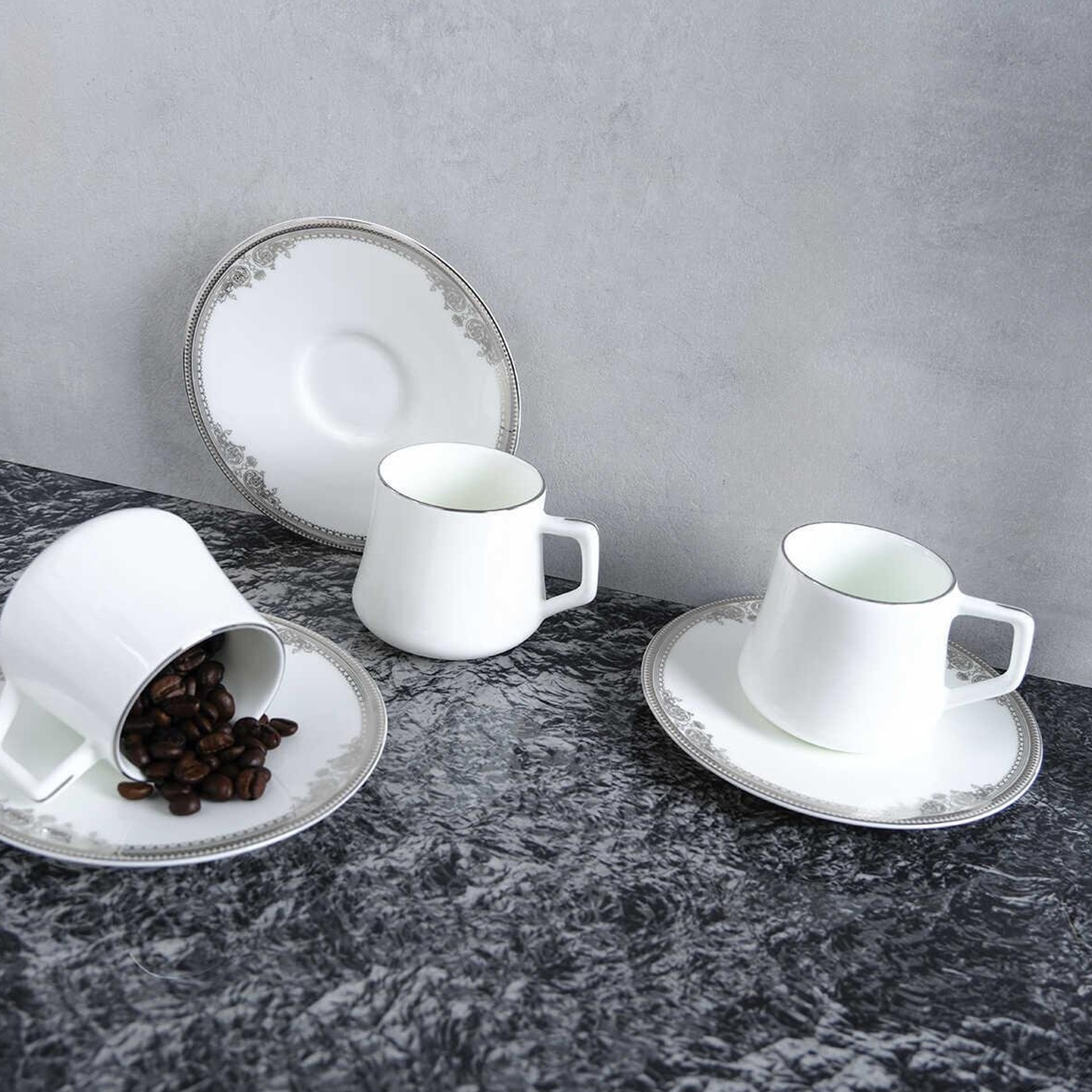 Evaliza Versailles Platin Double 6 Kişilik Kahve Fincan Takımı