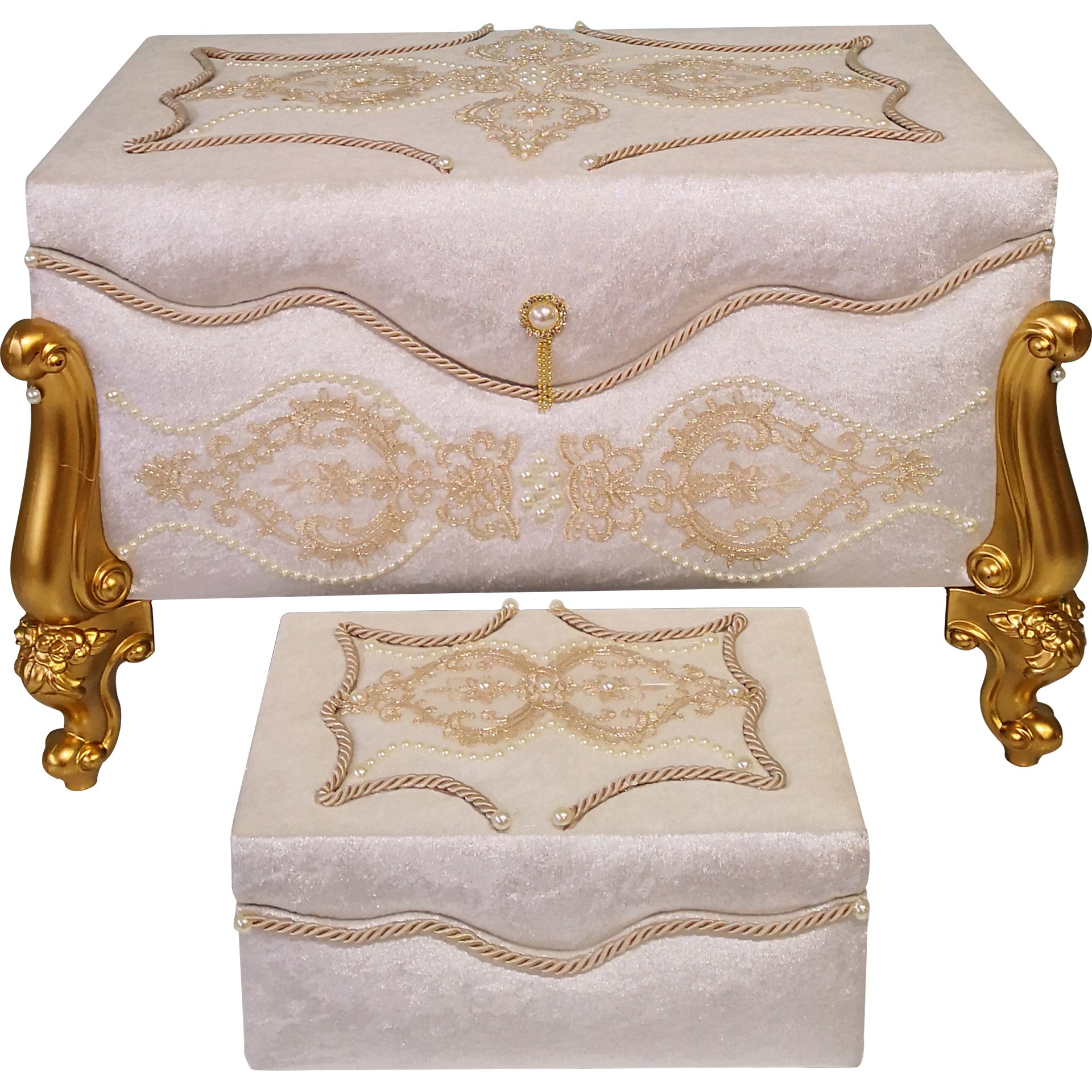 Sema Home Kadife Kaplamalı Saraylı Gold Ayaklı İkili Nişan Sandığı